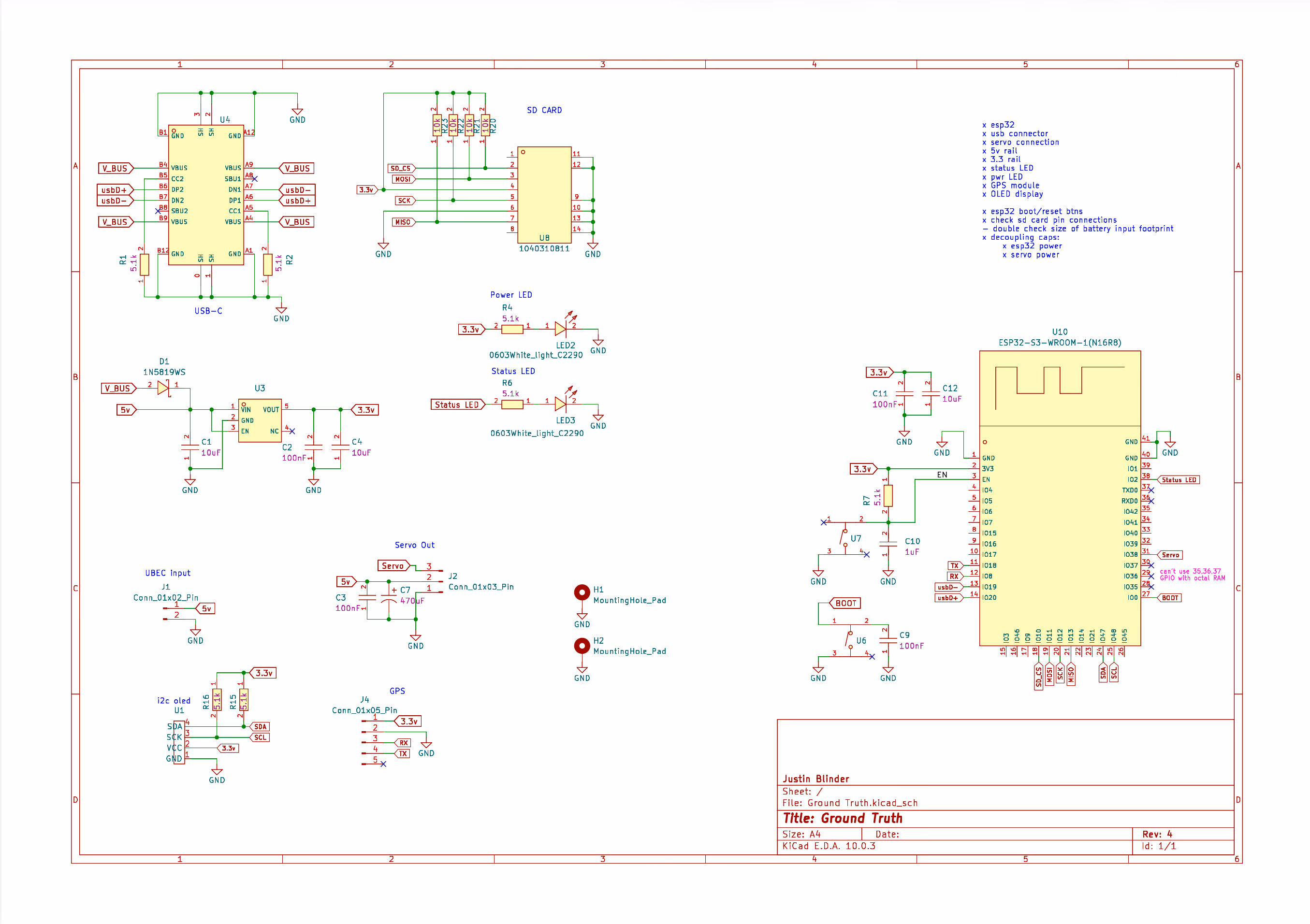 A circuit schematic on a white background, organized into labeled function blocks: a USB-C power input at upper left, an SD card interface, power and status LED circuits, a servo output header, a GPS input header, and an I2C OLED header, all wired into a central ESP32-S3 module with its full pin breakout on the right. A title block in the lower right reads Ground Truth, Justin Blinder.
