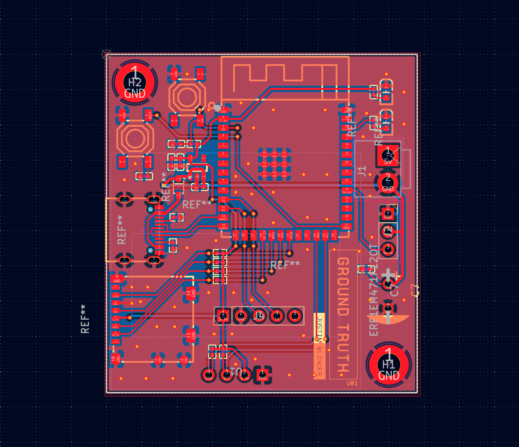 A printed circuit board layout on a dark navy background. Red and blue copper traces run between component pads across a red ground pour. Silkscreen text labels the pin functions — GND, 3.3v, TX, RX, MOSI, MISO, SCK, SD_CS, Servo — and the board edge is marked GROUND TRUTH and JUSTIN BLINDER.